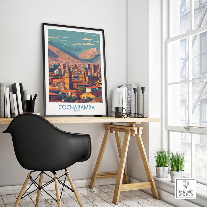 Cochabamba Bolivia wall art print showcasing the cityscape and mountains in a stylish office setting.