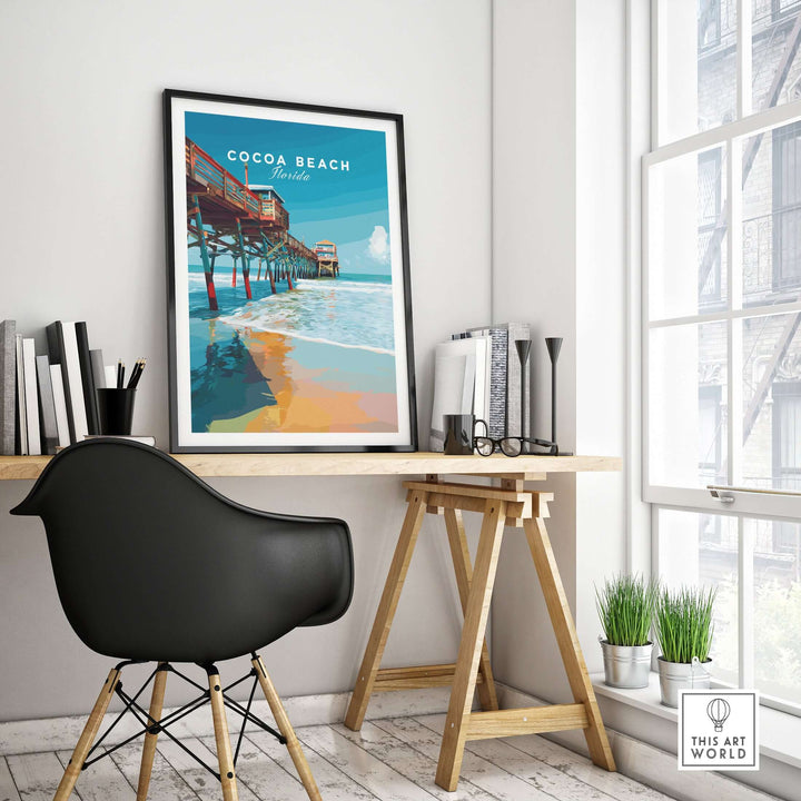 Cocoa Beach Florida Pier print in a modern workspace, showcasing vibrant coastal art and beach vibes.