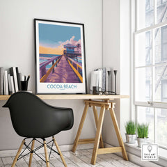 Cocoa Beach Florida Wooden Pier Poster - Golden Hour Sunset Decor displayed in a modern, stylish interior.