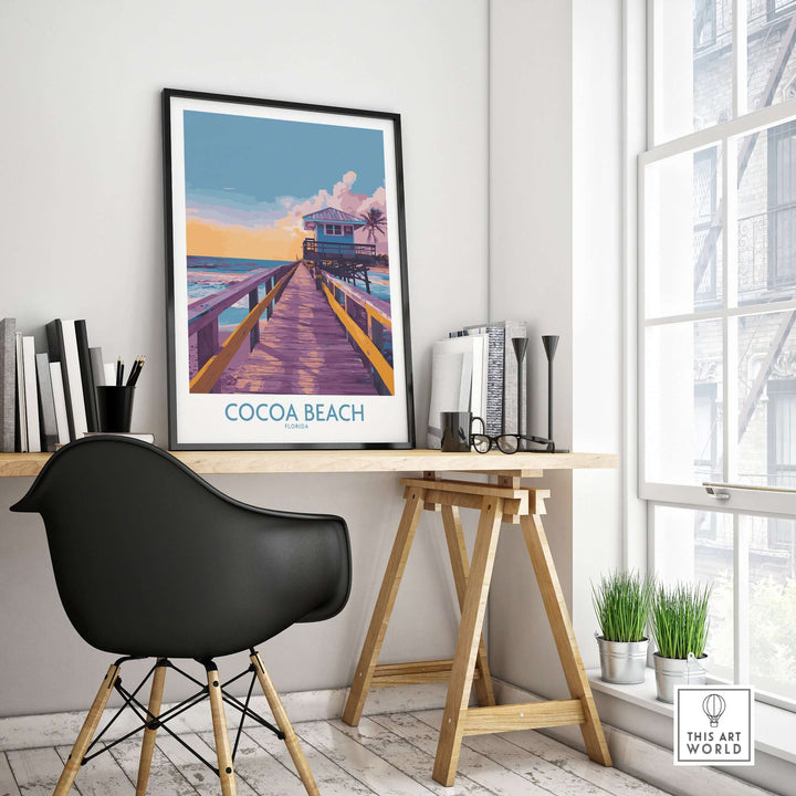 Cocoa Beach Florida Wooden Pier Poster displayed in a modern workspace, showcasing sunset decor and coastal vibes.
