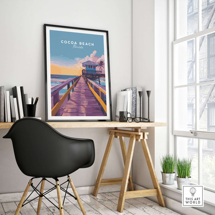Cocoa Beach Boardwalk print featuring a colorful sunset, displayed in a modern workspace for a coastal decor feel.