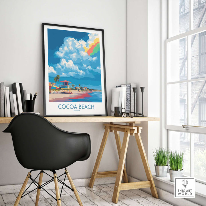 Cocoa Beach Rainbow Cloud Poster in a stylish home office, enhancing Florida travel decor with vibrant colors.