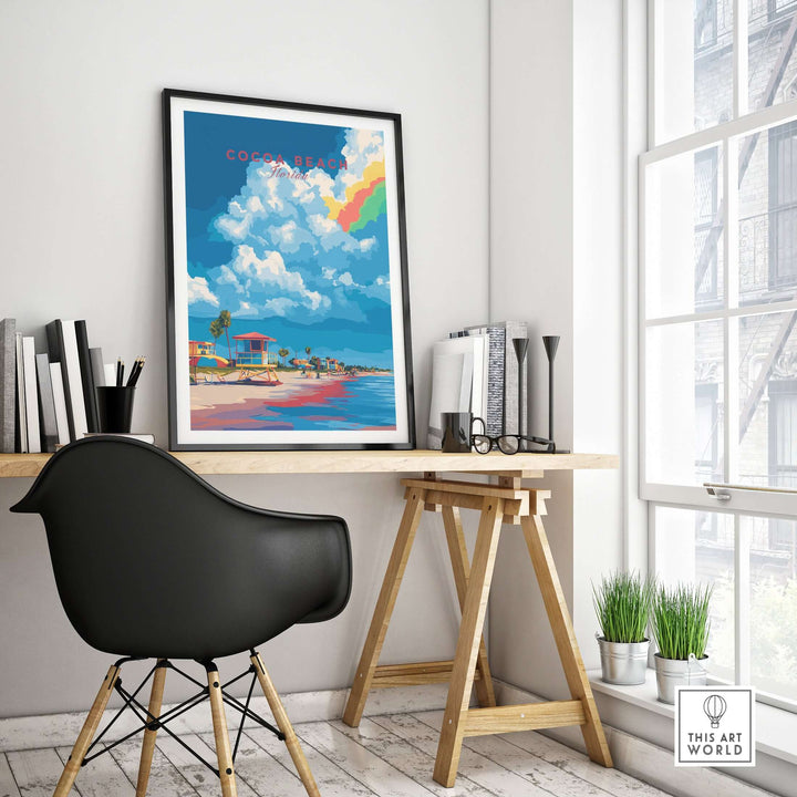 Cocoa Beach lifeguard stand print in a bright room, showcasing vibrant Florida beach wall art and coastal vibes.