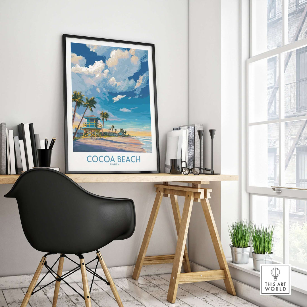 Cocoa Beach oceanfront landscape print displayed in a modern workspace with stylish decor and natural light.