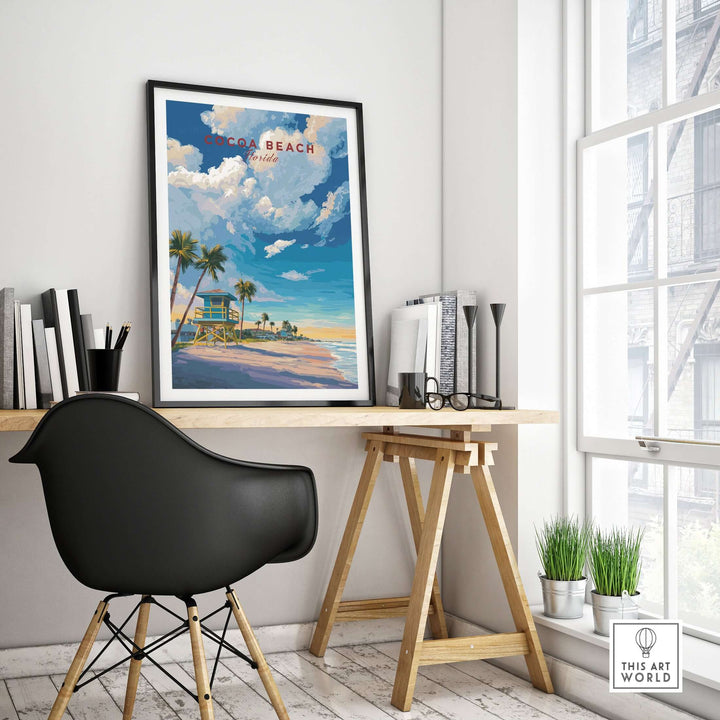 Cocoa Beach Lifeguard Tower poster in a stylish workspace with palm trees and a sunny beach scene.