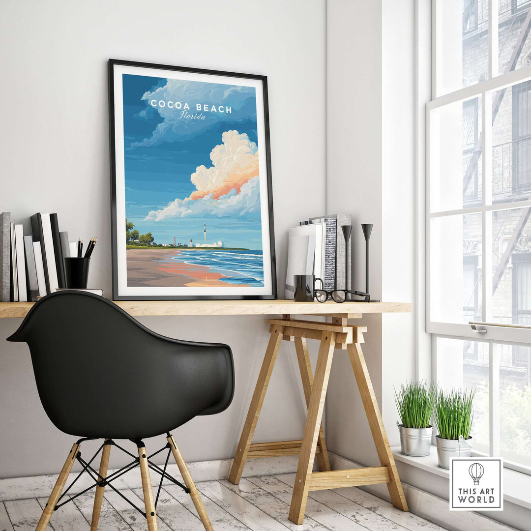 Cocoa Beach Florida rocket launch print on wall in modern home office decor, showcasing the Space Coast.