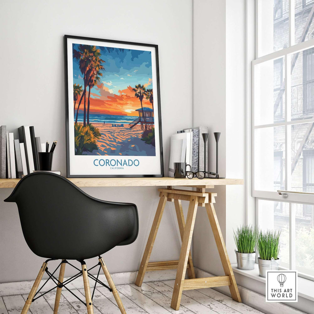 Coronado Print California displayed in a stylish home office setting, showcasing a vibrant beach sunset scene.