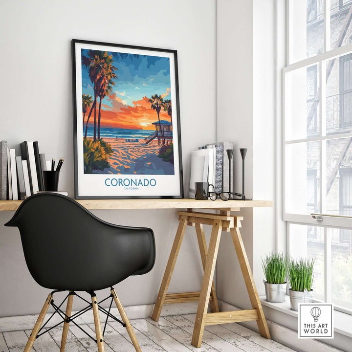 Coronado Print California framed art on a stylish workspace desk, showcasing vibrant beach colors and palm trees.