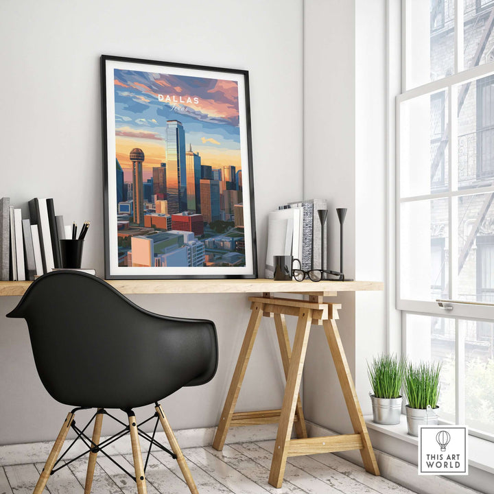 Dallas Texas skyline poster featuring Reunion Tower in a modern office setting with stylish decor.
