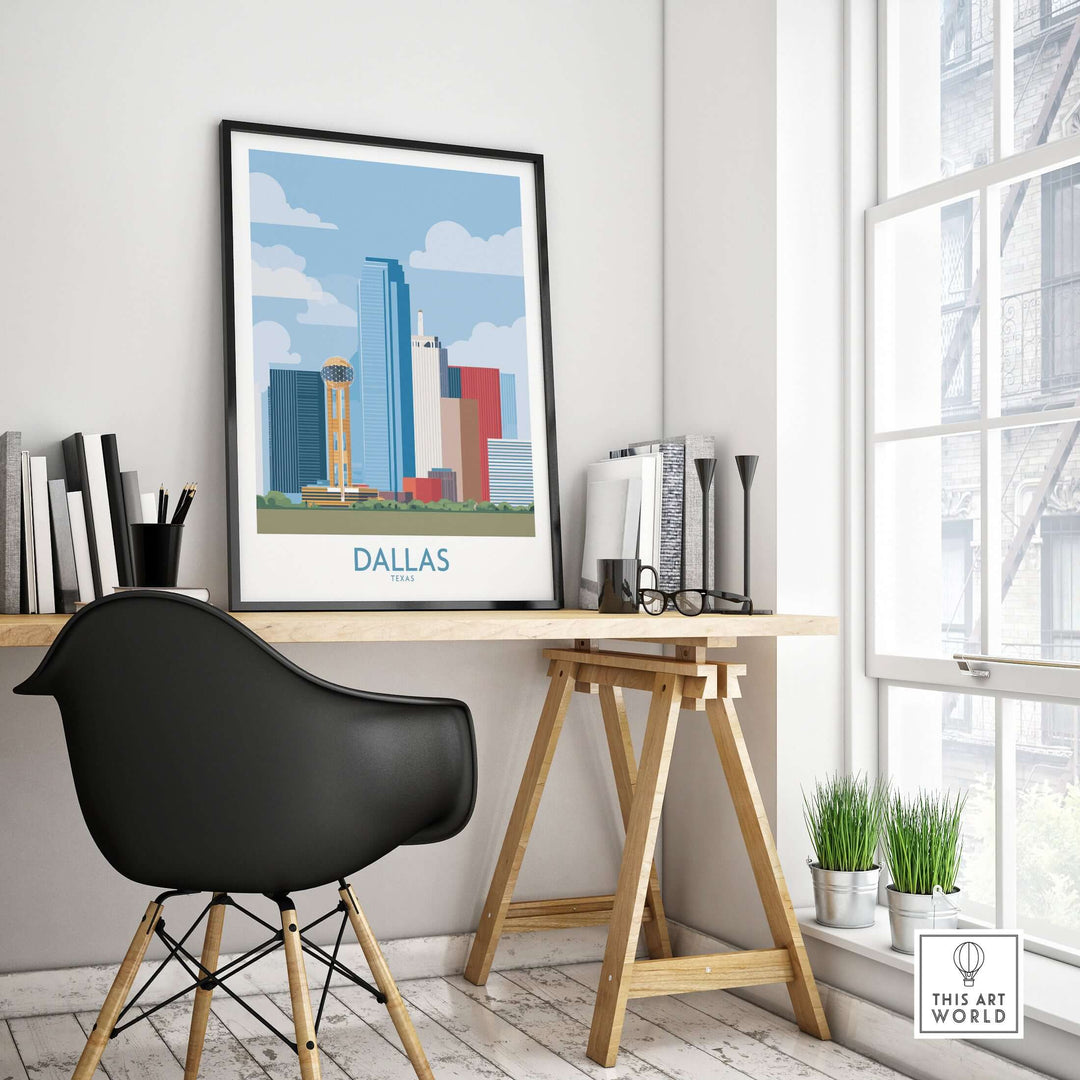 Dallas cityscape poster showcased in a modern workspace, highlighting Texas travel decor and urban charm.