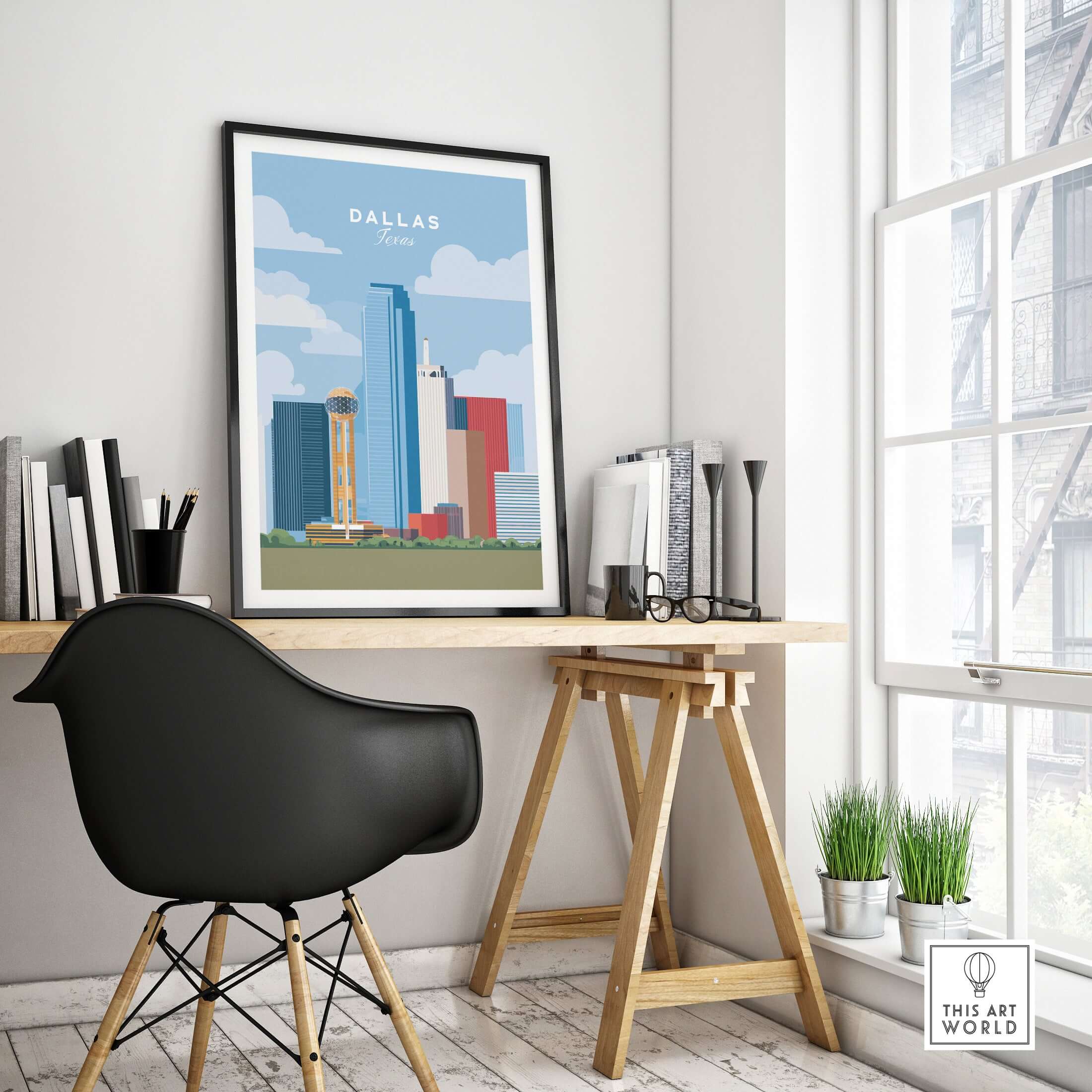 Dallas Texas Iconic Skyline Print - Reunion Tower Wall Art in modern workspace with black chair and natural light.