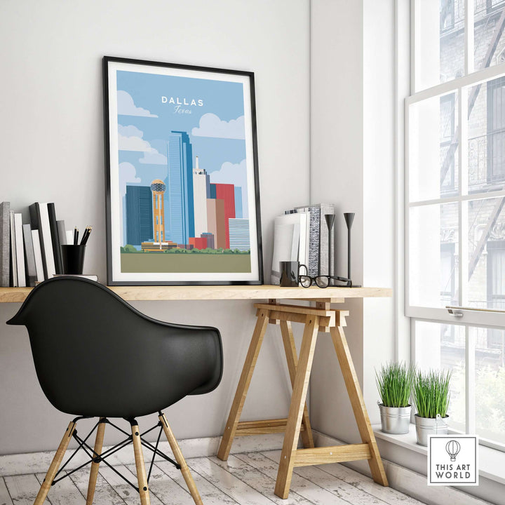 Framed Dallas Texas skyline print featuring Reunion Tower and urban landscape in a modern workspace.