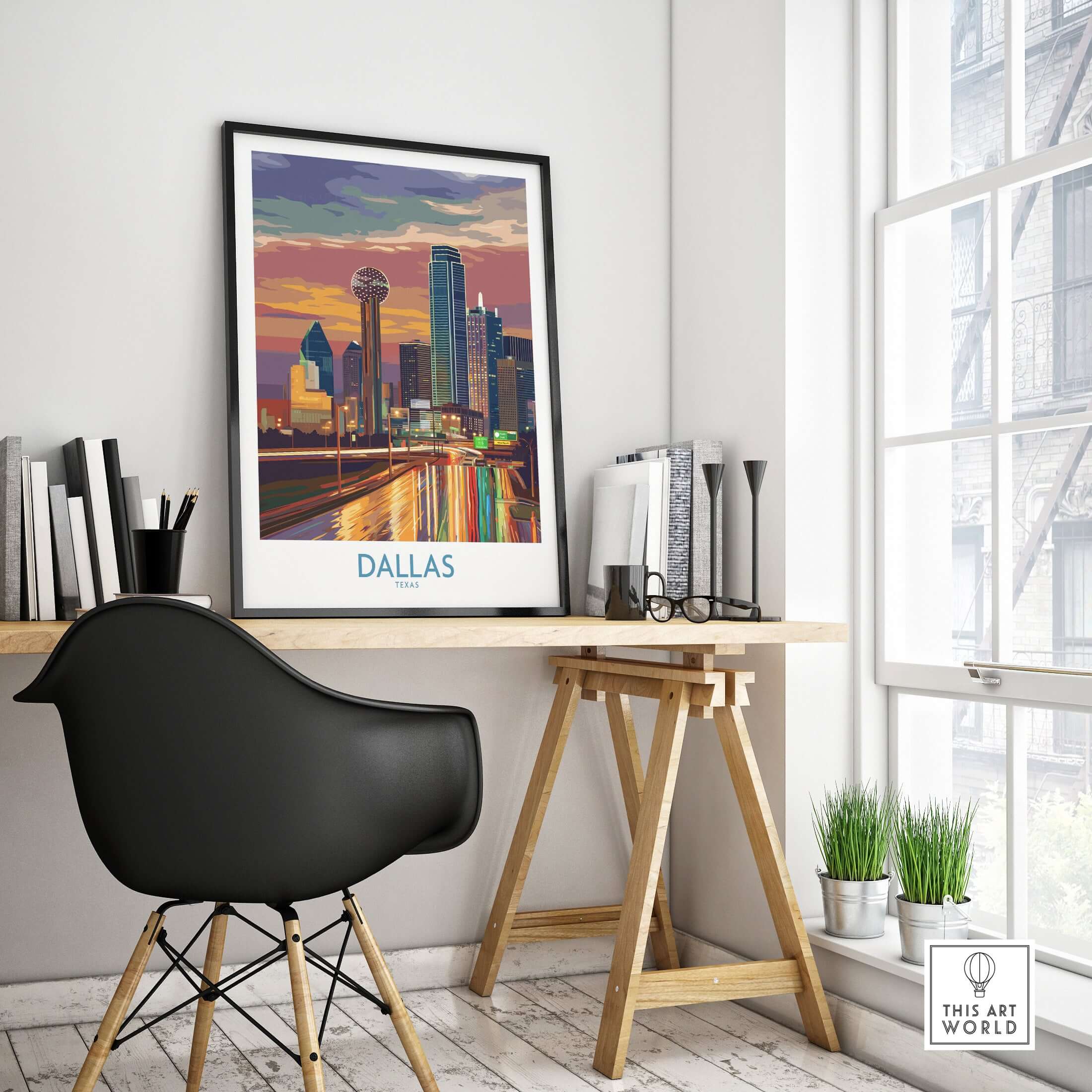 Dallas Downtown at Dusk Wall Art - Texas Urban Decor displayed in a stylish modern workspace.