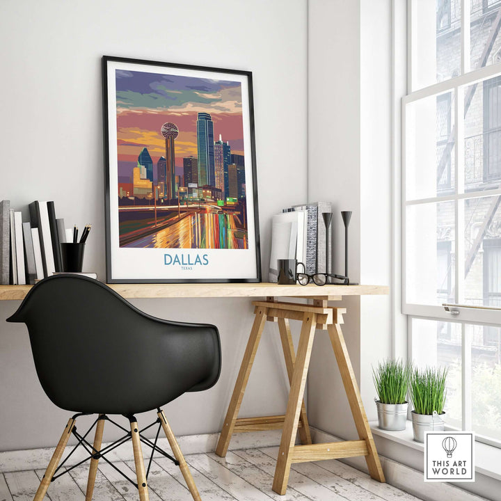 Dallas Downtown at Dusk wall art featuring the vibrant skyline, enhancing urban decor.