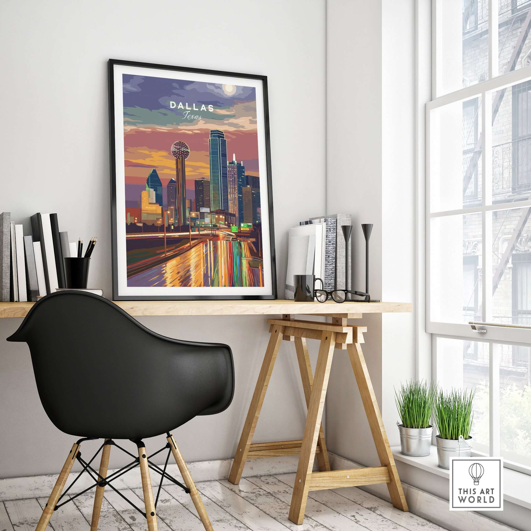 Dallas Texas Highway Night Lights Poster - Illuminated Skyline Print displayed in a modern office setting.