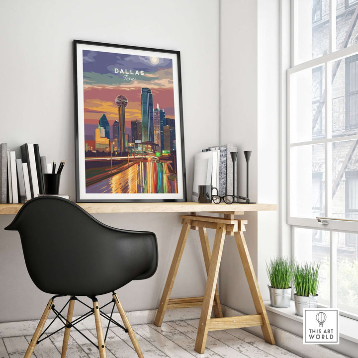 Dallas Texas Highway Night Lights poster showcasing illuminated skyline in a modern workspace.