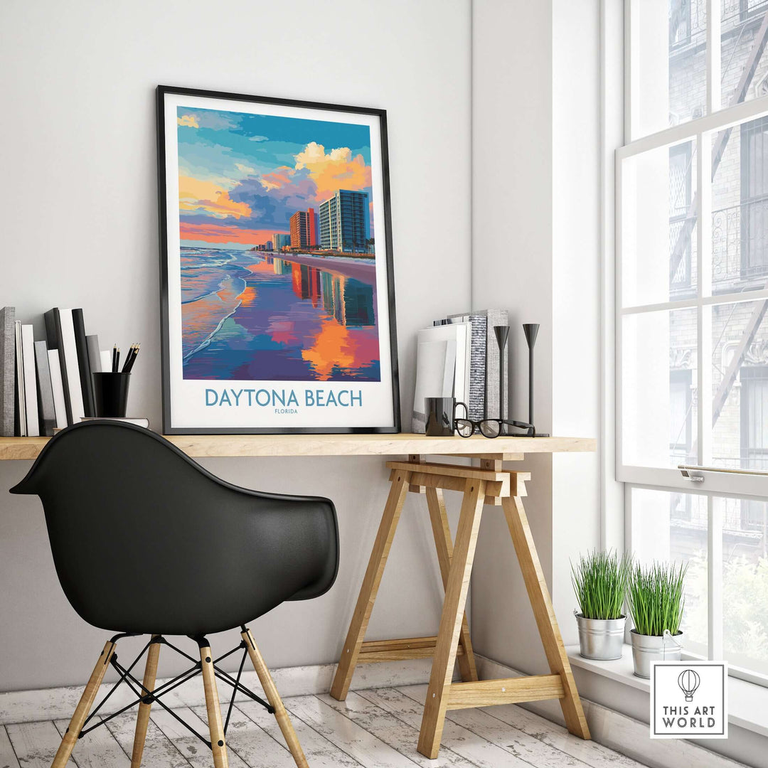 Daytona Beach Florida Oceanfront Reflections Poster displayed in a stylish home office setting.