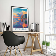 Daytona Beach Florida Oceanfront Reflections Poster - Florida Travel Decor displayed in a modern office setting.
