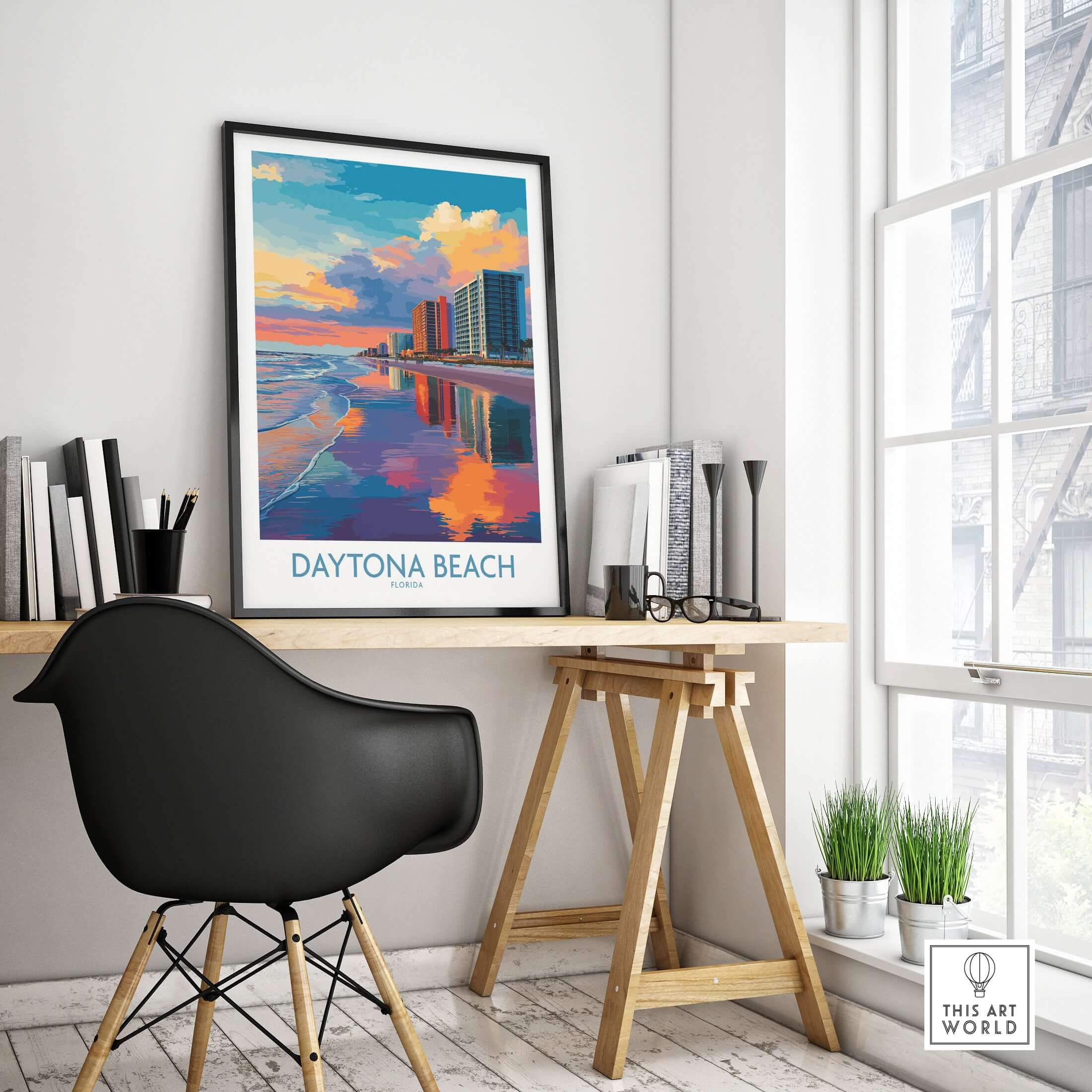 Daytona Beach Florida Oceanfront Reflections Poster - Florida Travel Decor displayed in a modern office setting.