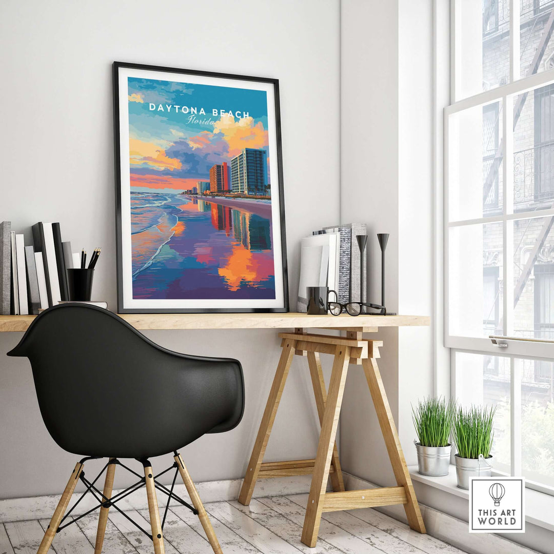 Daytona Beach sunset skyline print in a modern workspace, showcasing vibrant coastal colors and cityscape reflections.