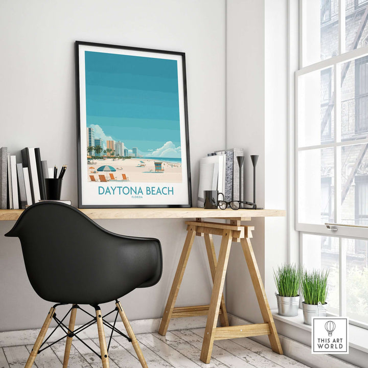 Daytona Beach Tropical Beachfront Poster in a stylish workspace, perfect Florida vacation decor for home.