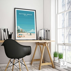 Daytona Beach Florida Lifeguard Station Print - Sunny Beach Wall Art displayed in a stylish interior with a desk and chair.