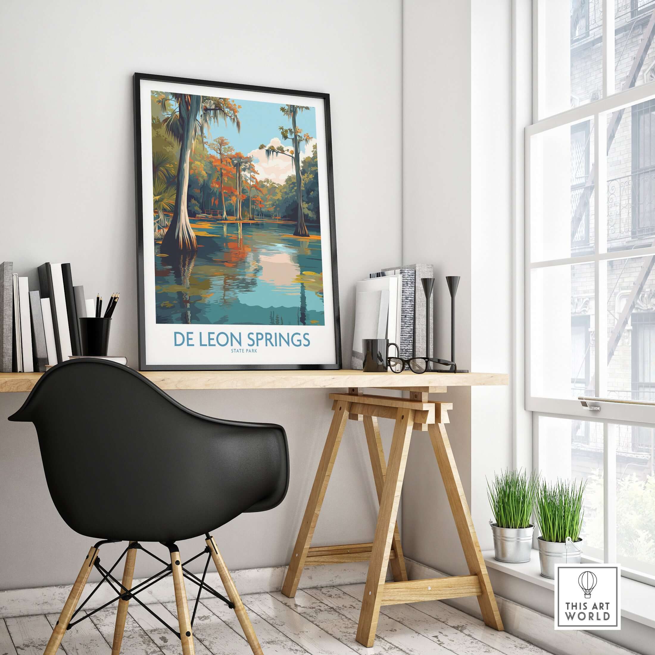 De Leon Springs Cypress Trees & Water Print - Florida Nature Decor displayed in a stylish home office.