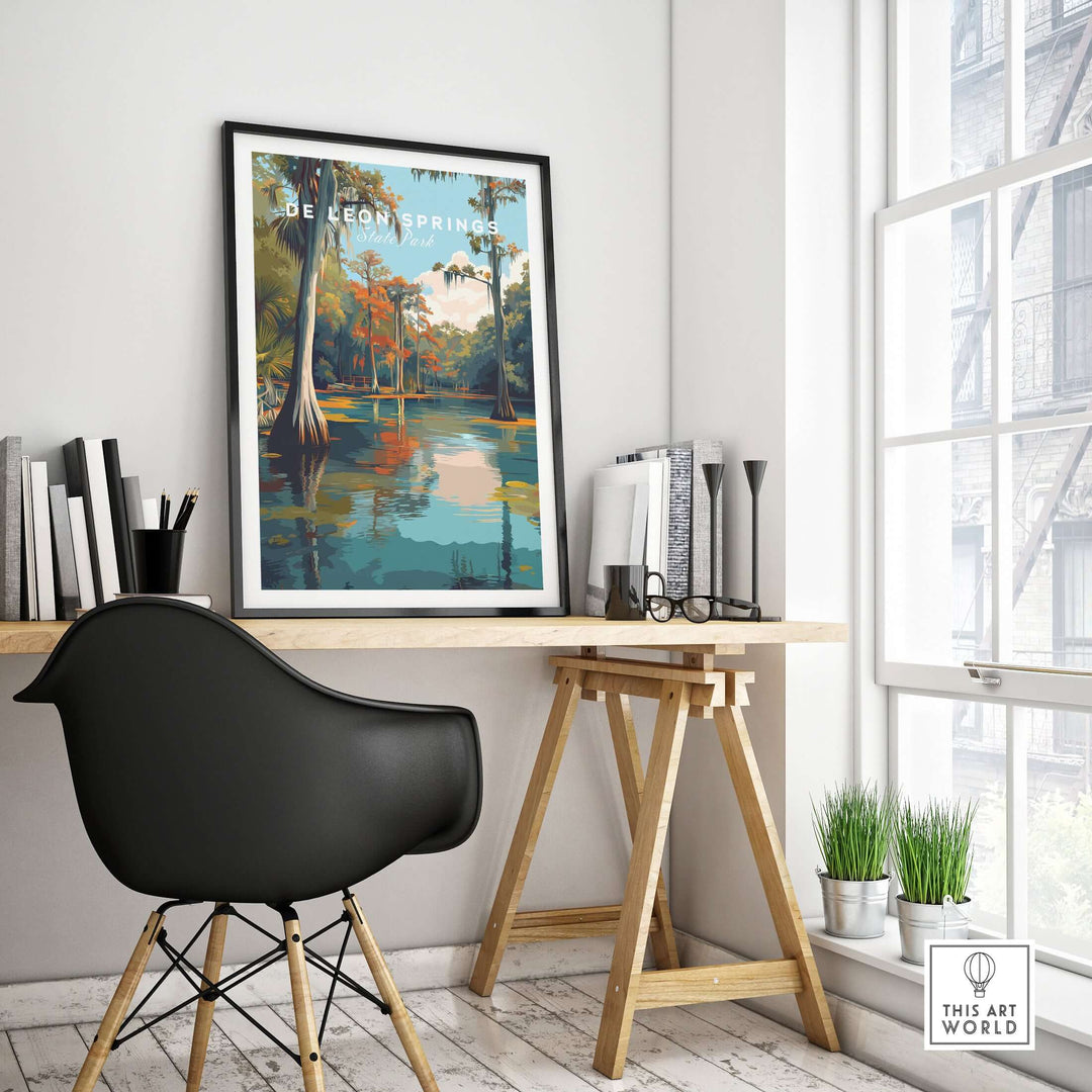 Framed De Leon Springs poster on a desk, showcasing serene Florida nature and vibrant greenery in a stylish room.