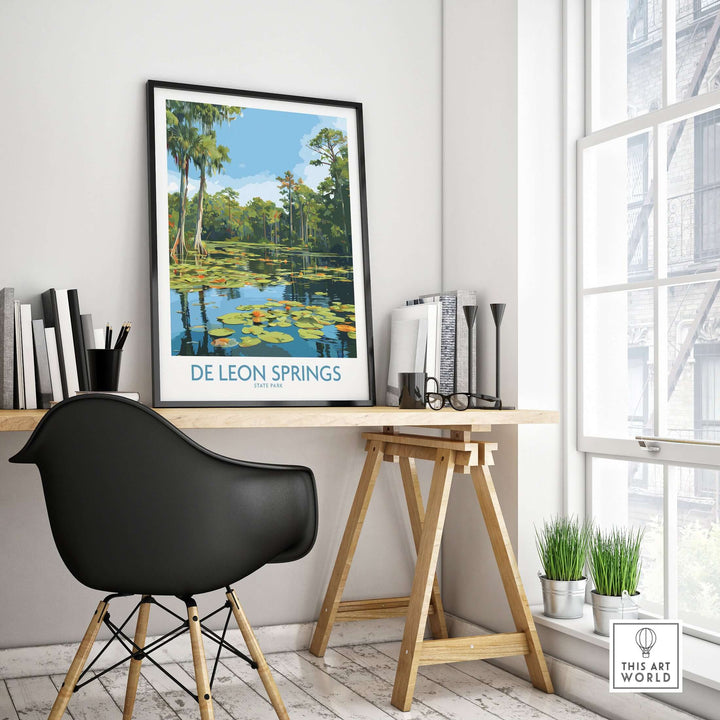 De Leon Springs Florida Green Lily Pond Poster displayed in a modern home office setting, highlighting nature decor.