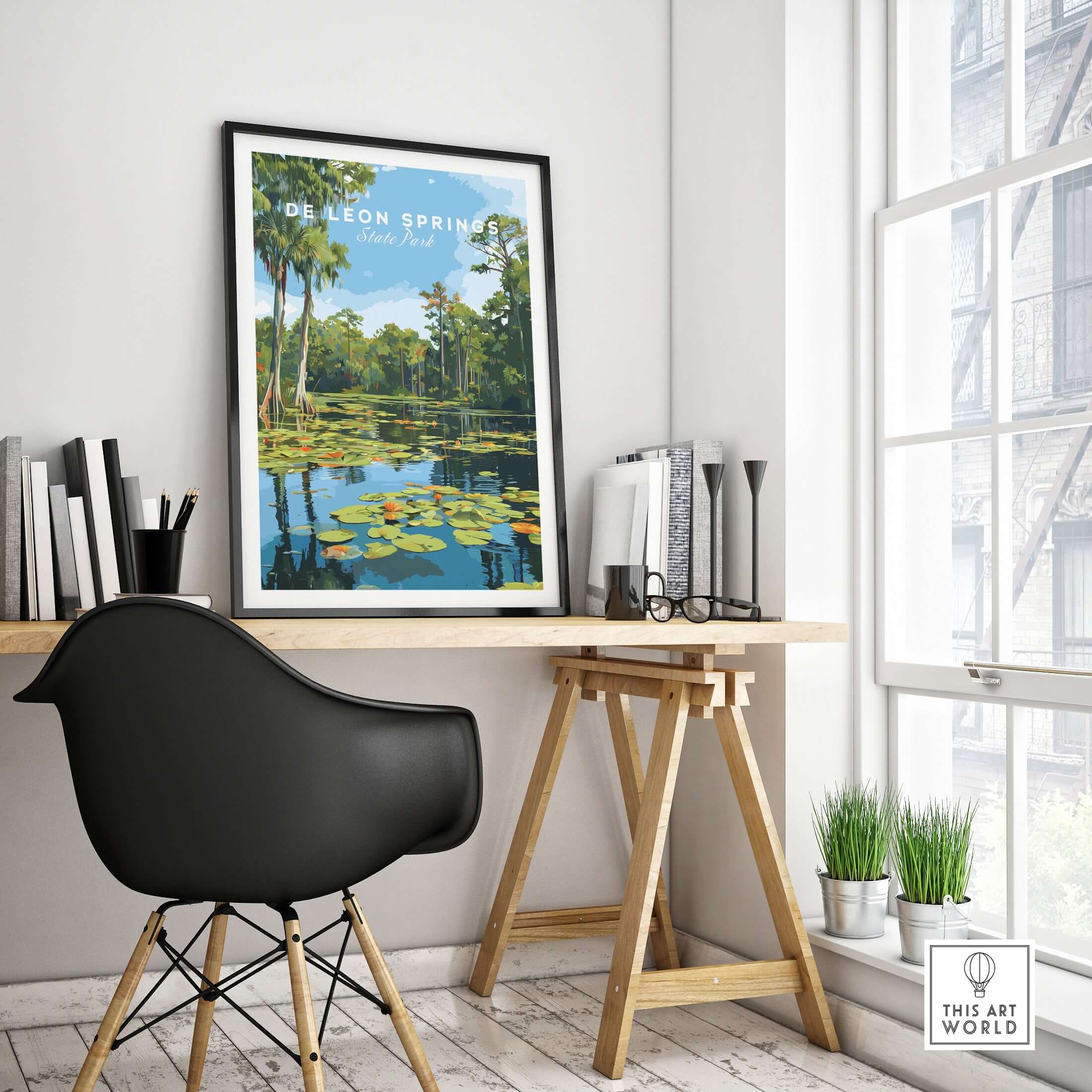 De Leon Springs Lily Pads on Water Print - Florida Natural Spring Wall Art displayed in a modern workspace.