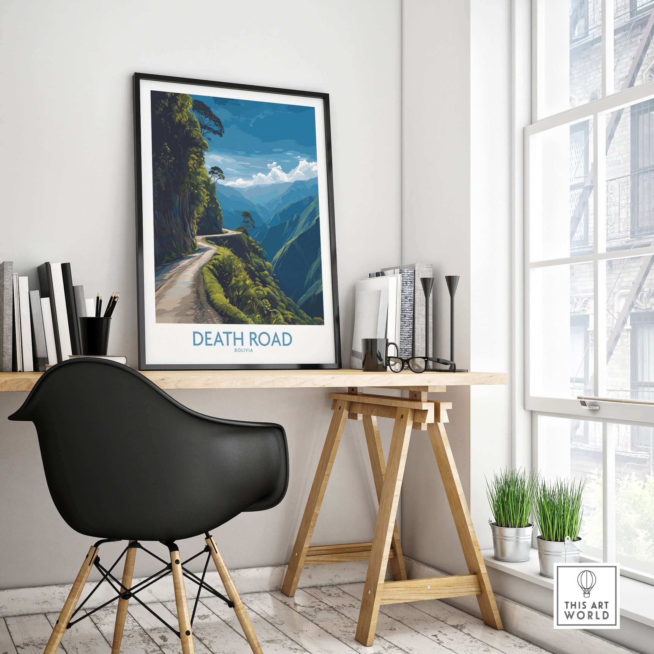 Death Road Bolivia Mountain Art Print | Yungas Camino Poster displayed in a modern workspace.