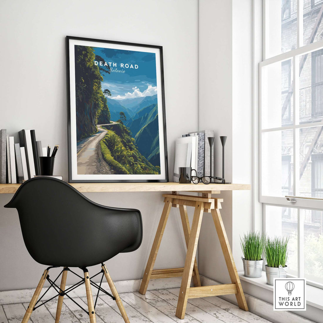 Death Road Print | South America Adventure Decor | Yungas Road Poster in a stylish modern office setting.