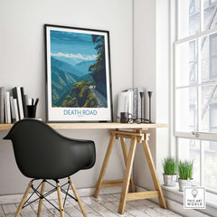 Death Road Bolivia Hiking Trail Art Print | Camino de la Mortes Poster displayed in a modern home office.