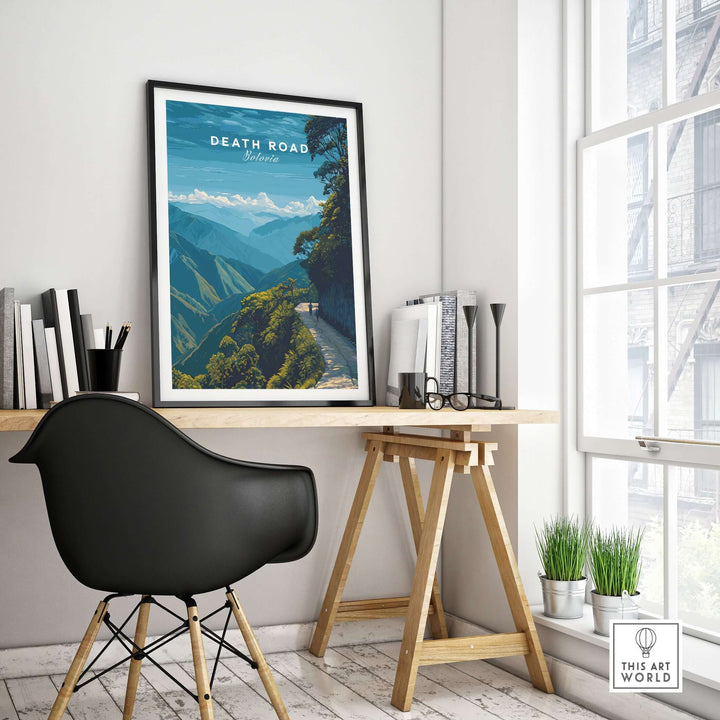 Death Road Yungas Adventure Scenic Print | Bolivian Travel Wall Decor displayed in a stylish home office setting.