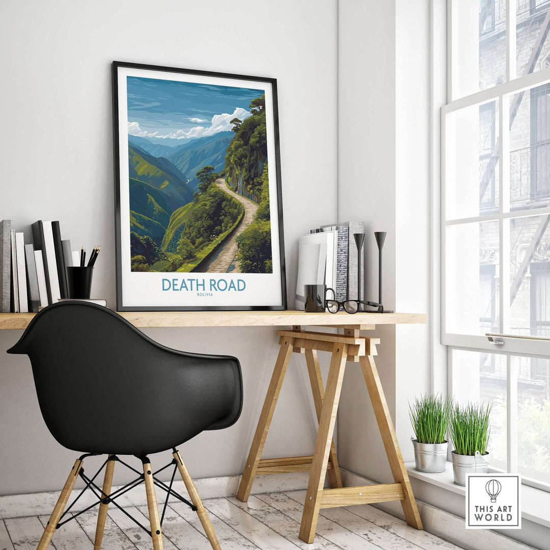 Death Road Bolivia Art Print | Yungas Road Poster displayed in a stylish home office setting with a modern chair and natural light.