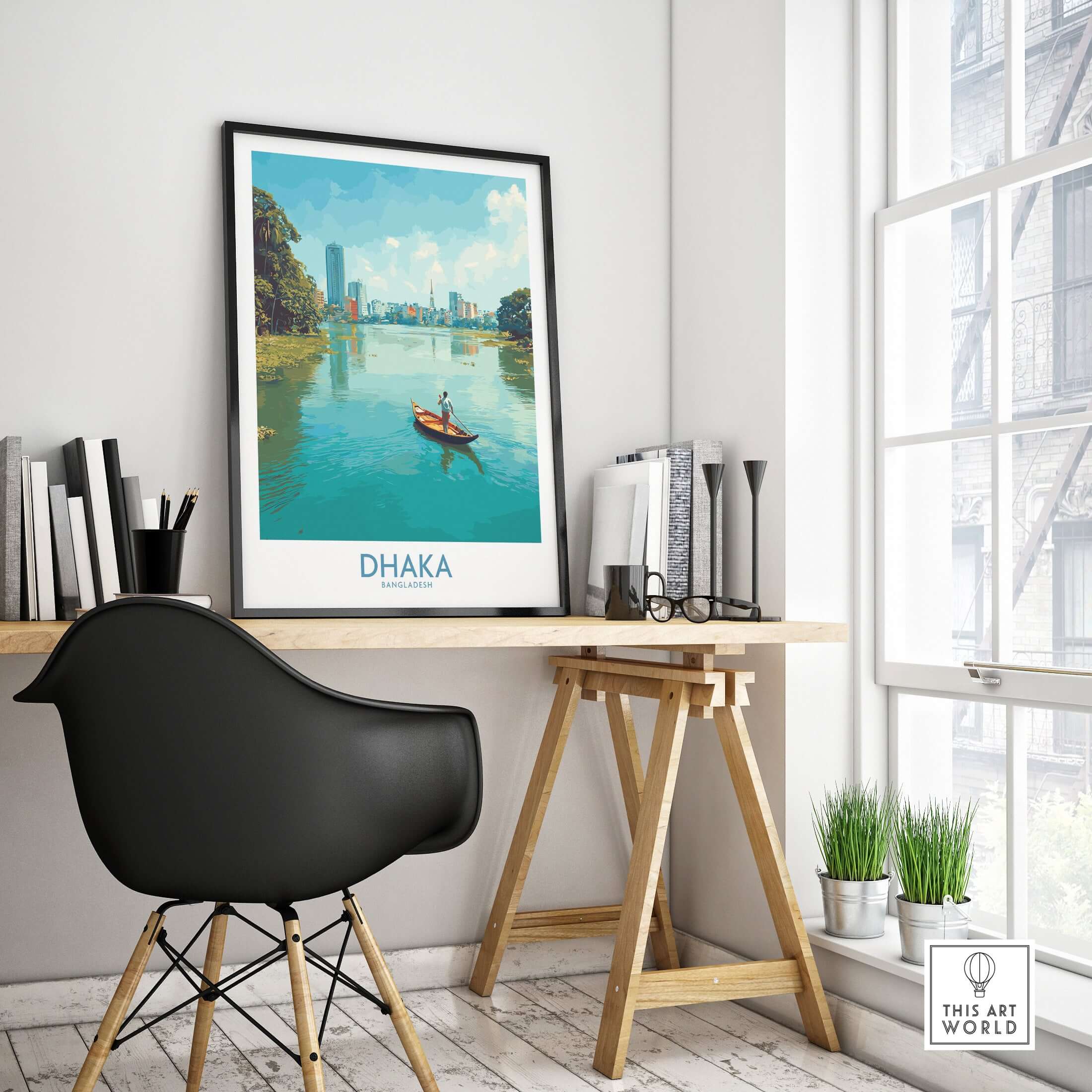 Dhaka Print Bangladesh Buriganga River Poster - Bangladeshi Cityscape Decor showcasing vibrant cityscape and river.
