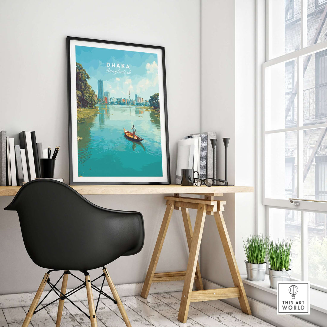 Dhaka river city view poster in a stylish workspace showcasing urban waterfront wall art.