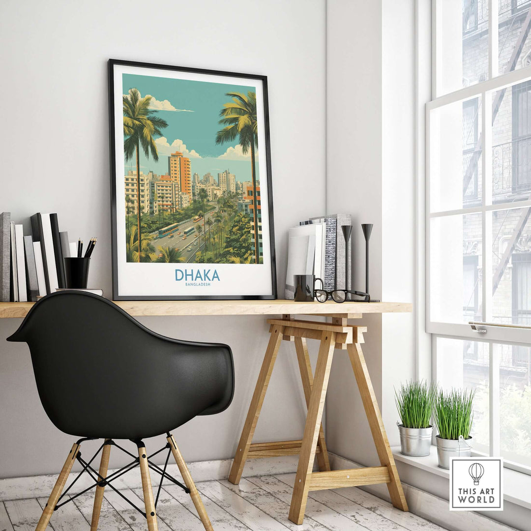 Dhaka Bangladesh cityscape wall art displayed in modern office, showcasing urban life and palm trees.