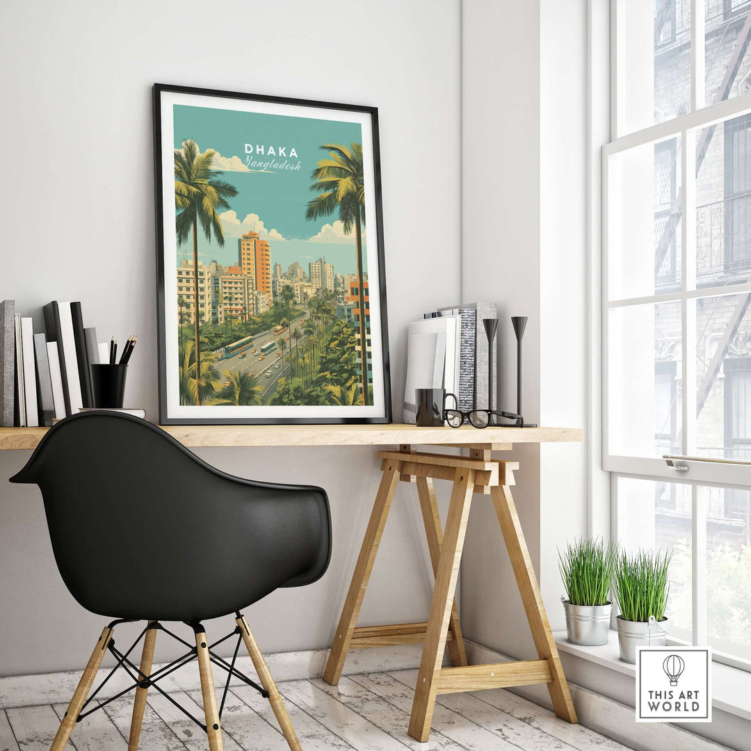 Modern Dhaka Bangladesh poster in a stylish office, featuring a vibrant city landscape and urban life.