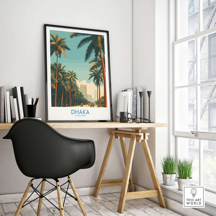 Dhaka Bangladesh poster showcasing vibrant city life and palm trees in a stylish home office setting.