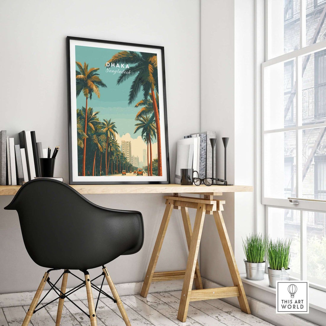 Dhaka city life wall art print displayed in a modern workspace with palm trees and urban scenery.