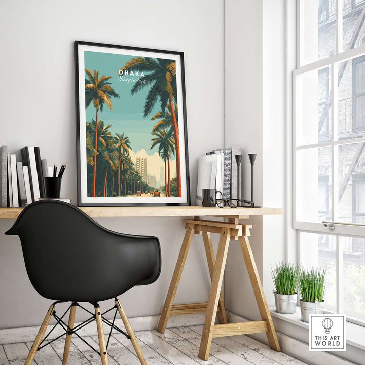 Dhaka city life wall art print displayed in a modern workspace with palm trees and urban scenery.