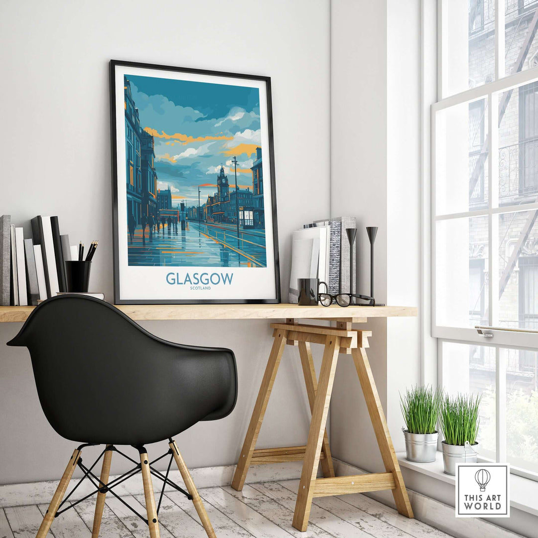 Glasgow Clock Tower cityscape poster displayed in a modern home office setting, showcasing Scottish travel decor.