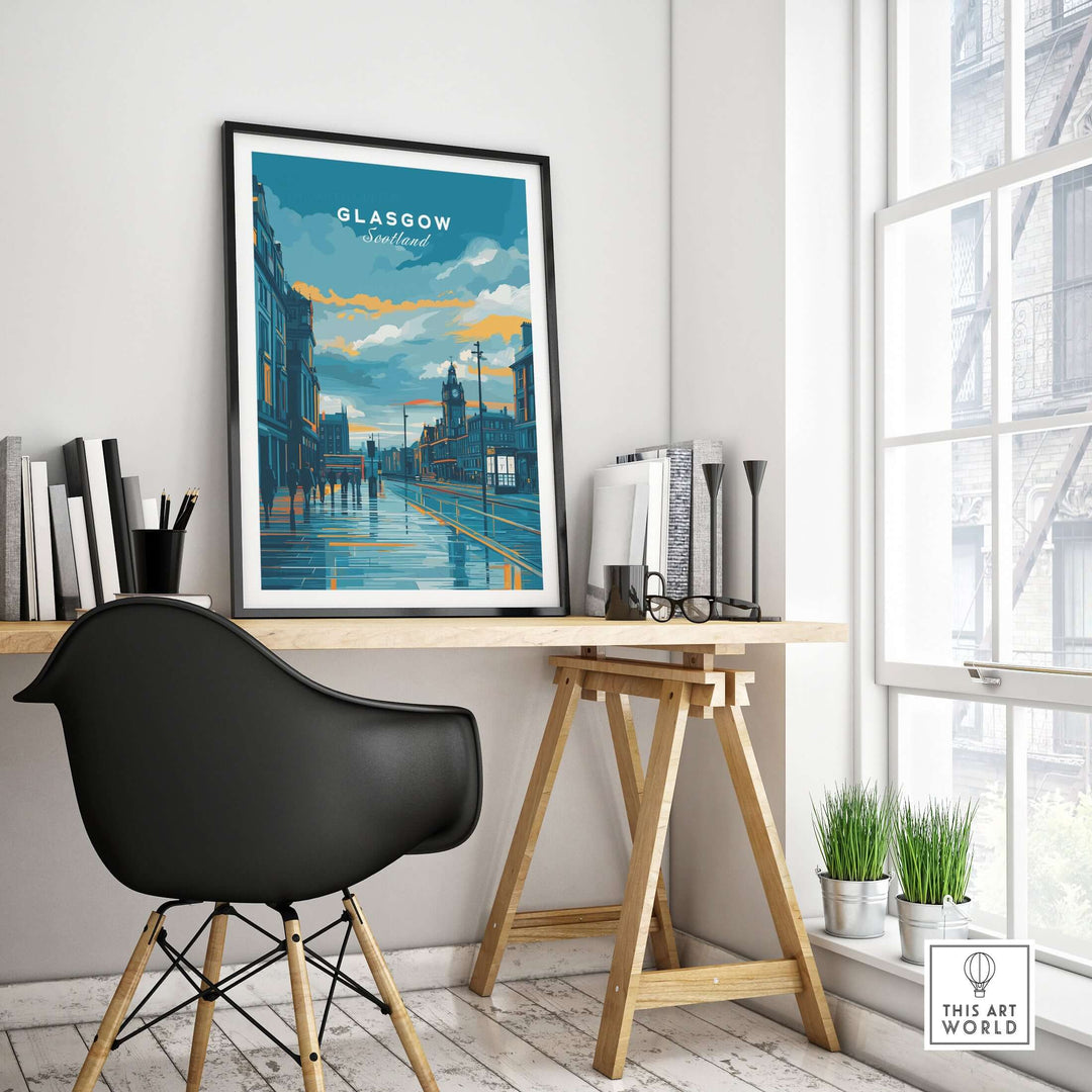 Glasgow City Street at Dusk print framed on a desk, showcasing Scotland's vibrant urban charm.