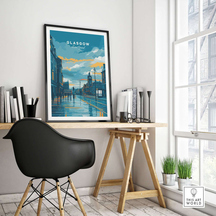 Glasgow City Street at Dusk print framed on a desk, showcasing Scotland's vibrant urban charm.