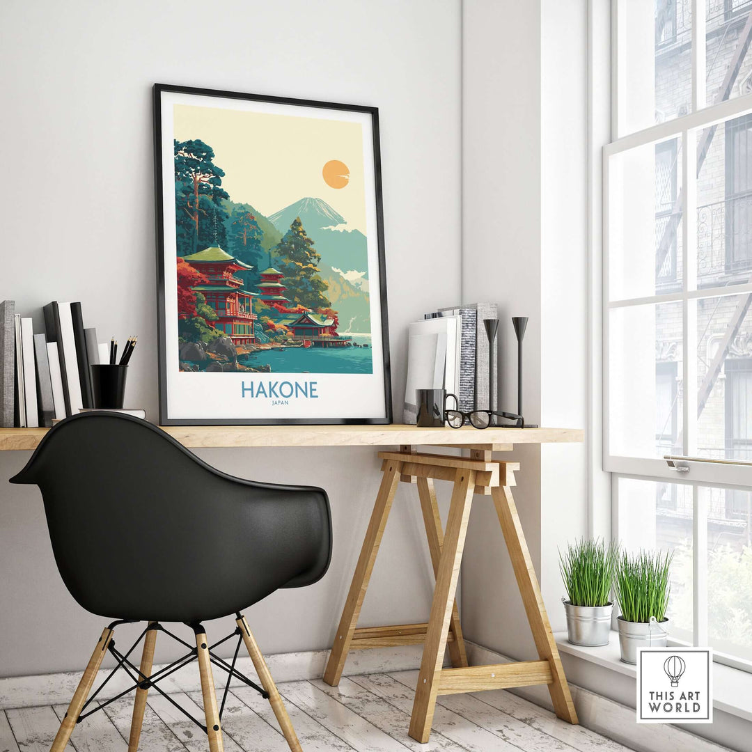 Hakone Japan Lake Ashi temple print in a modern home office setting, featuring a traditional pagoda against mountains.