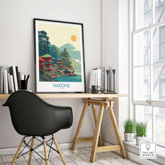 Hakone Japan Lake Ashi Temple Print - Japanese Pagoda Wall Art displayed in a stylish interior setting.