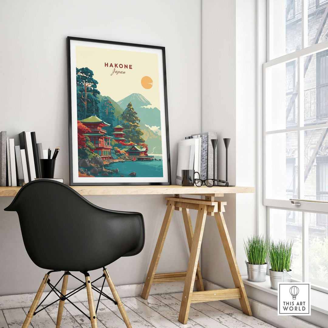 Hakone Japan Lake Ashi Temple print featuring a traditional pagoda and serene landscape decor for home or office.