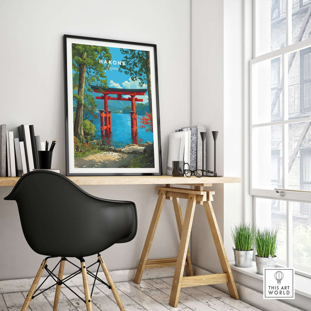 Hakone Japan Lake Ashi Torii gate poster displayed in a modern workspace, enhancing decor with serene wall art.