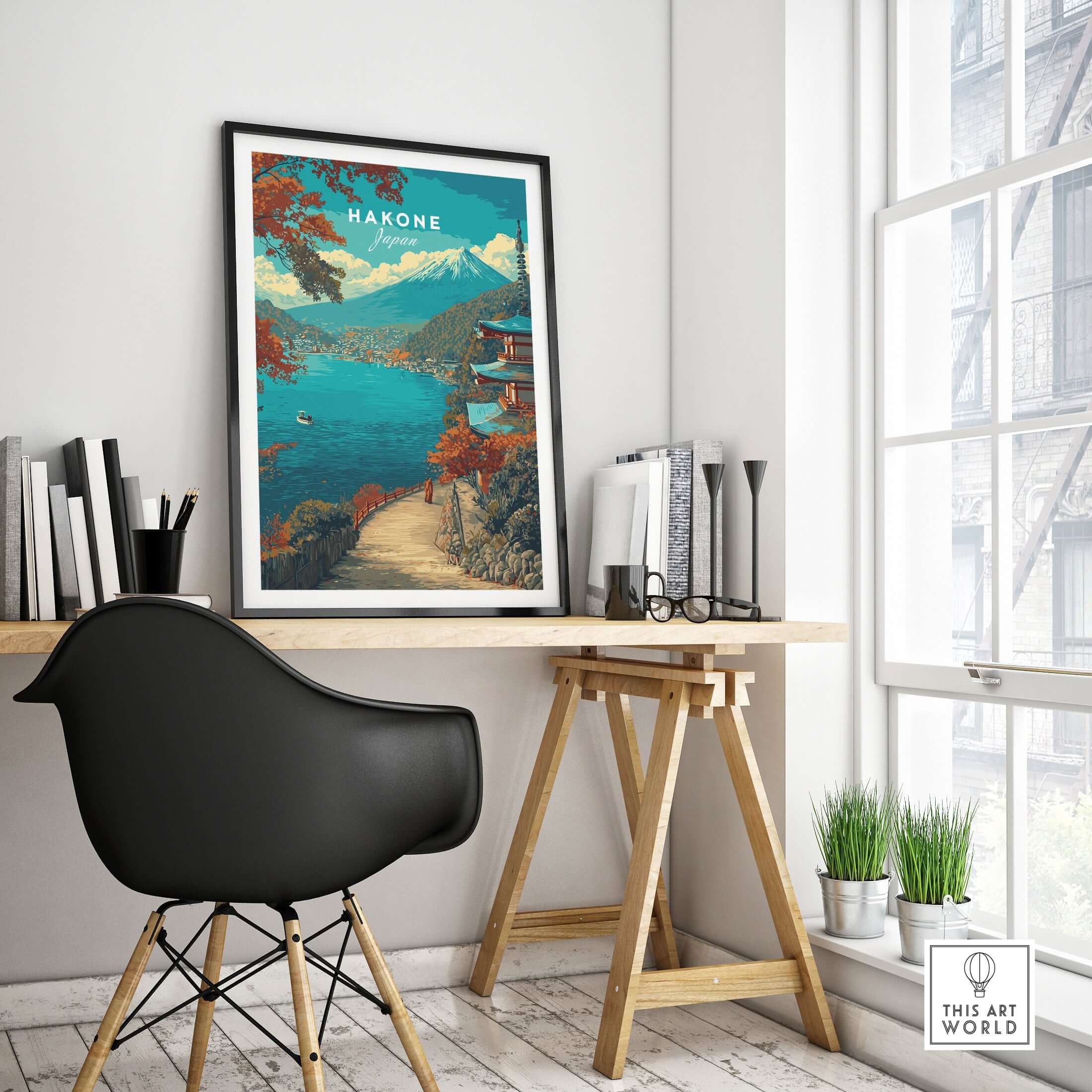 Hakone Print Japan Lake View Pagoda - Mount Fuji Scenic Poster displayed in a modern home office setting.
